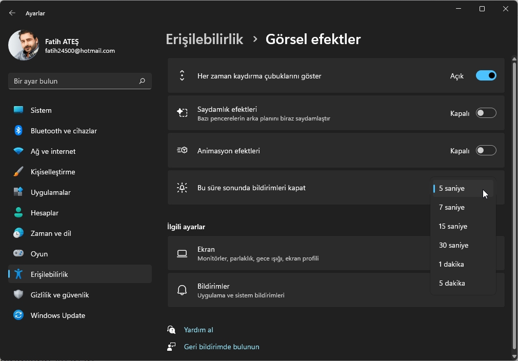 2023 03 27 000606 - Windoows 11 Bildirimlerin Ekranda Kalma Süresi