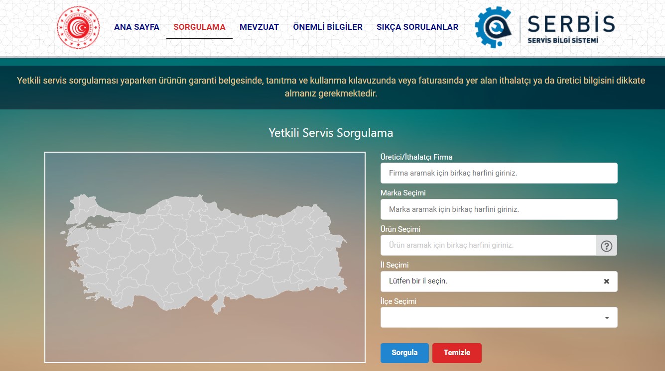 Yetkili Servis Sorgulama sorgulama sayfassi - Yetkili Servis Sorgulama