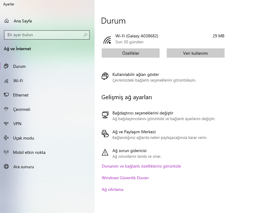 Ağ Ayarlarını Sıfırlama