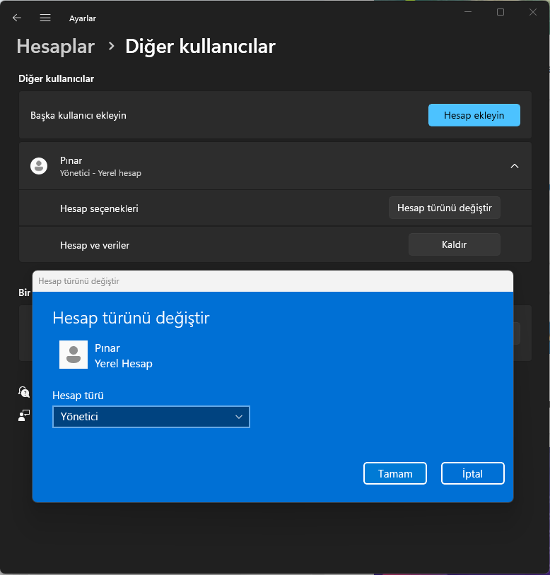 Yönetici Hesabını Değiştirmek Windows 11