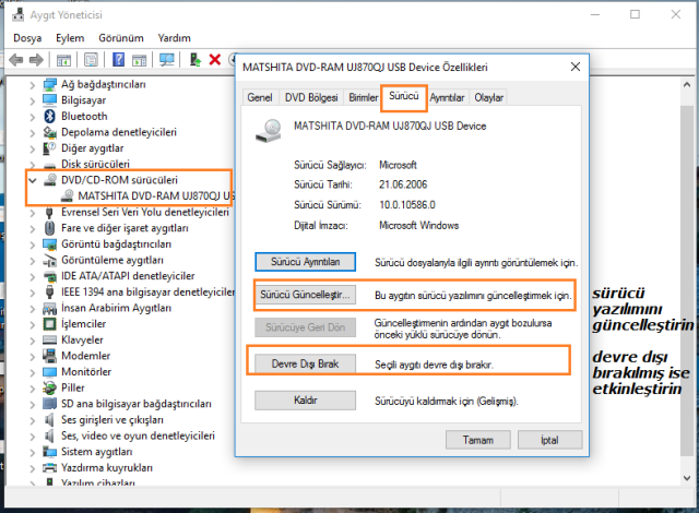 CD/DVD Sürücüsü Algılanmıyor Sorunu Sürücü Ayarları Sorunu