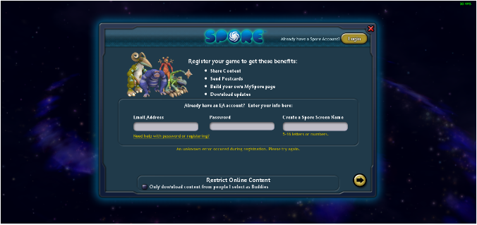 Spore oyununa kayıt olunmuyor