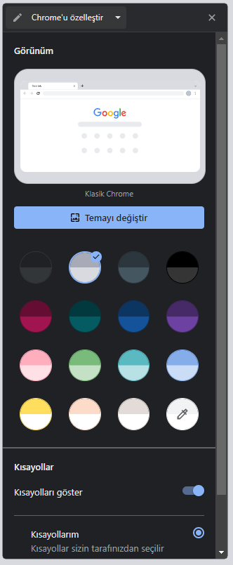 Chrome Özelleştirme Yan Paneli Etkinleştirme