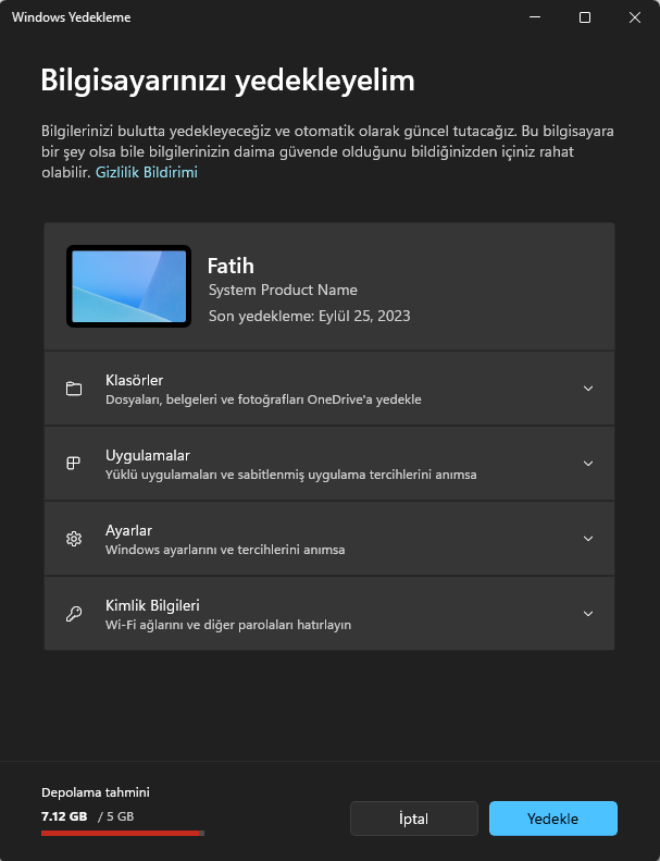 Windows 11 Bulut Yedekleme Oluşturma