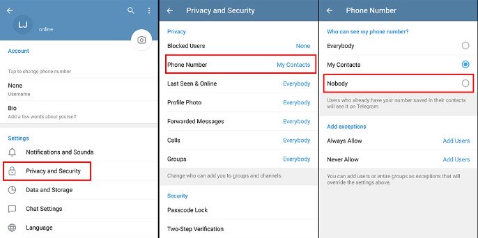 Telegram Telefon Numarasını Gizleme İşlemi