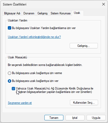 Windows 11 LAN Üzerinden Uzak Masaüstü Bağlantısı