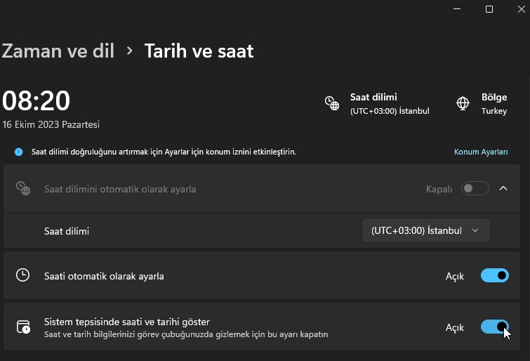 Windows 11 Tarih ve Saat Gizleme (sürüm 23H2)