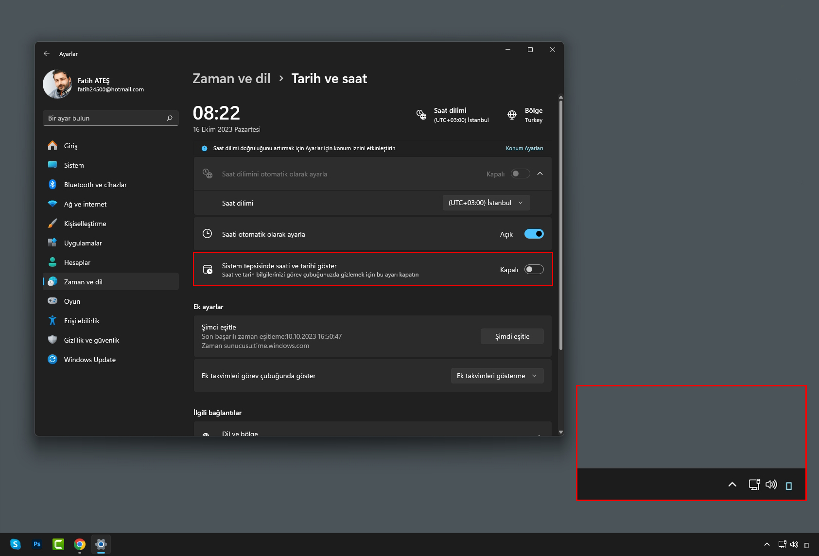 Windows 11 Tarih ve Saat Gizleme Windows 11 Tarih ve Saat Gizleme (sürüm 23H2)