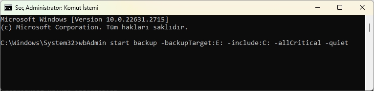 Komut istemi İle Windows 11 USB Yedekleme