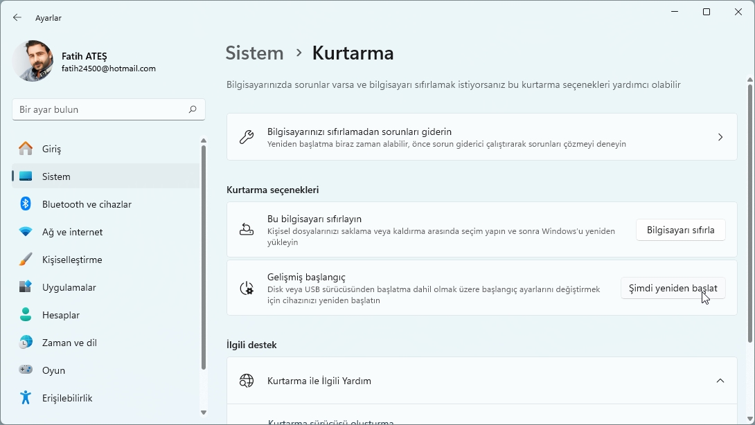 Windows 11 Yedeğini Geri Yükleme