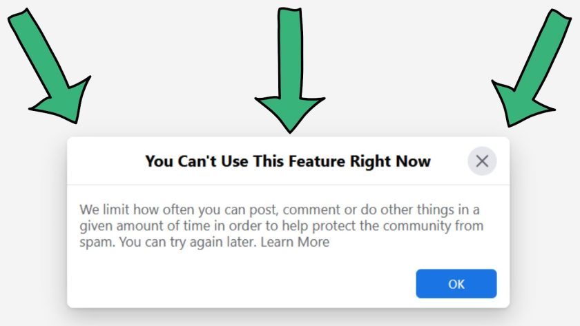 Bir bilgisayar ekranında, Facebook'ta bir profil düzenleme işlemi sırasında 'Bu Değişikliği Şu Anda Yapamazsın' hatasıyla ilgili bir uyarı mesajı.