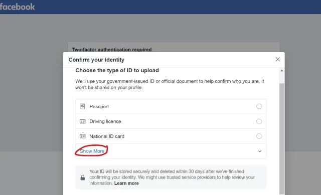 Bir bilgisayar ekranında, Facebook kimlik doğrulama sürecinde belgeleri yükleme işlemi sırasında kullanıcılara sunulan bir görsel.
