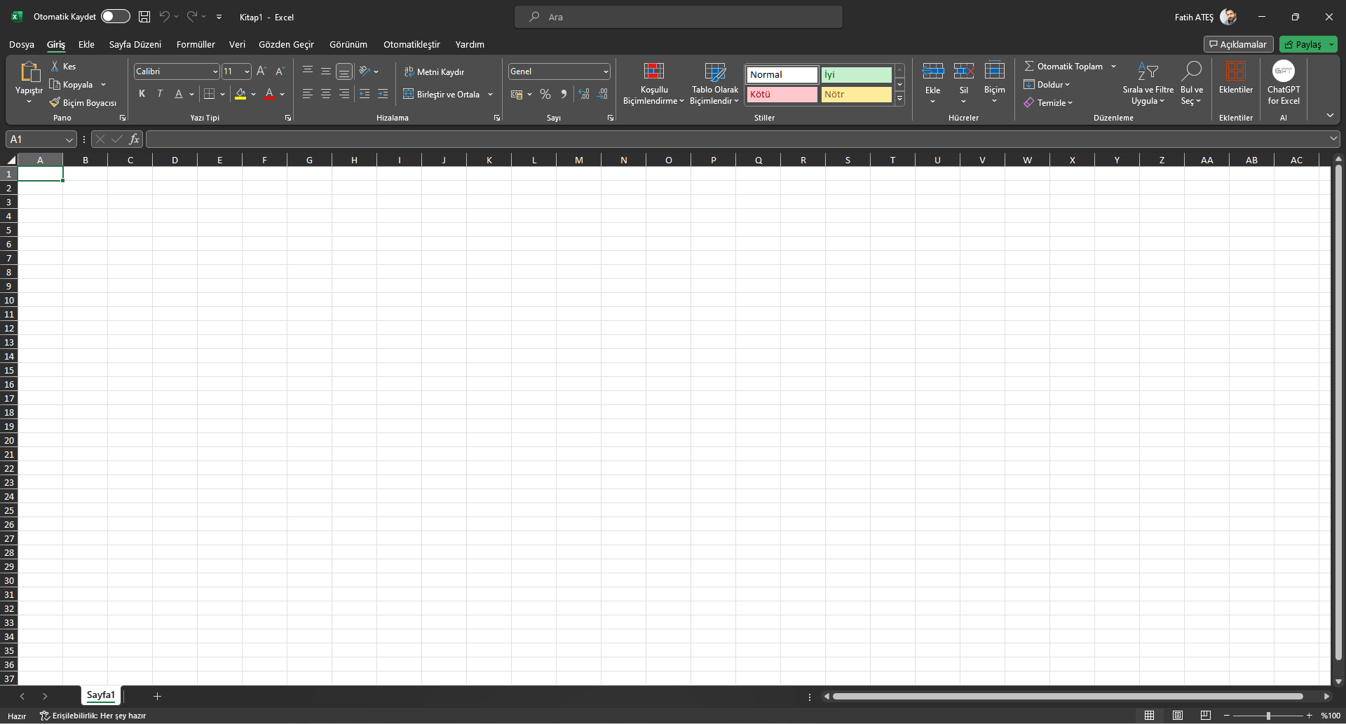 Excel Durum Çubuğu Görünmüyor