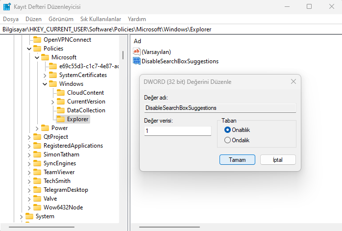 Web Arama Sonuçlarını Kapatma