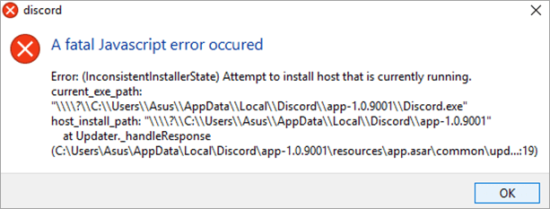 Discord A Fatal JavaScript Error Occurred Hatası