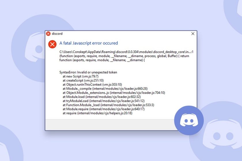 Discord A Fatal JavaScript Error Occurred görseli.