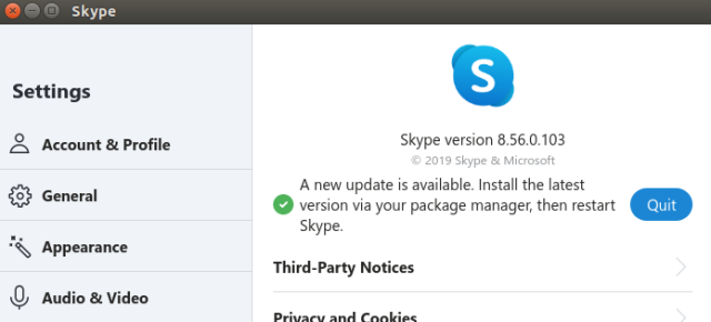 Bilgisayar ekranında Skype logosu ve bir güncelleme uyarısı.