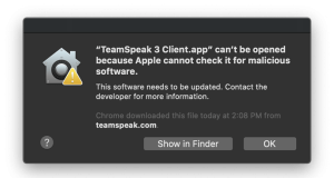 Bilgisayar ekranında TeamSpeak3 logosu ve bir hata mesajı.