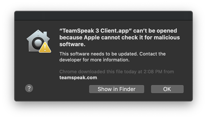 Bilgisayar ekranında TeamSpeak3 logosu ve bir hata mesajı.
