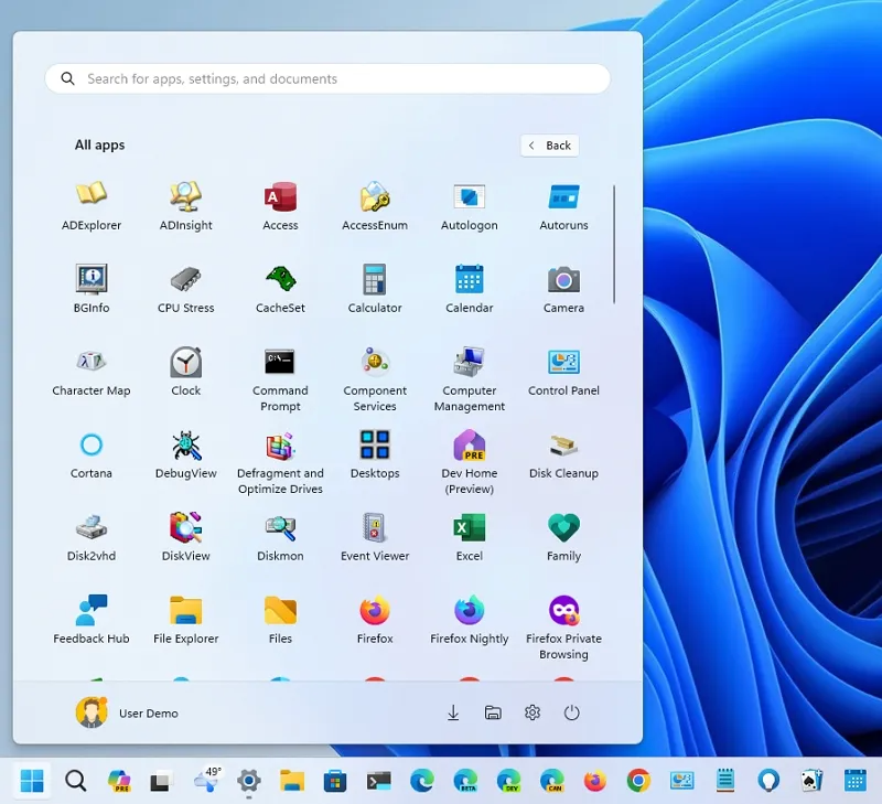 Yeni Başlat Tüm Uygulamalar Menüsü
