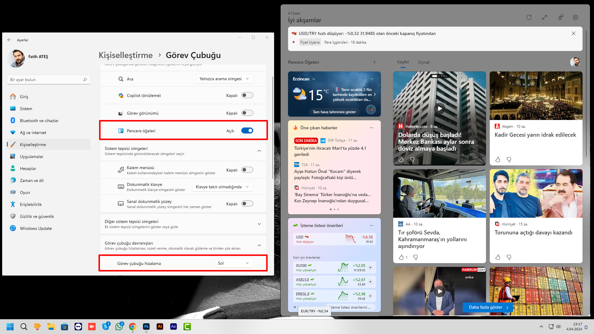 Windows 11 Görev Çubuğunun Sağına Widget'ları Hizalama Görev Çubuğunun Sağına Widget'ları Hizalama