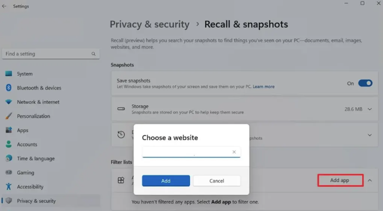 Recall Özelliğinden Uygulamaları ve Web Sitelerini Hariç Tutma