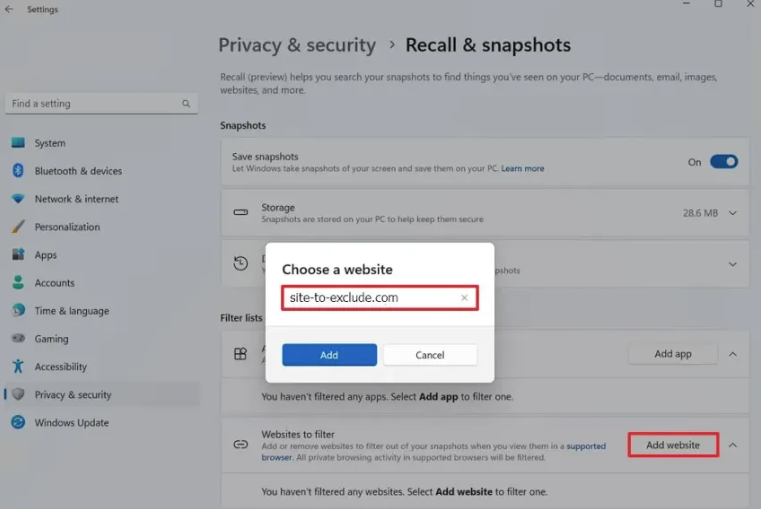 Recall Özelliğinden Uygulamaları ve Web Sitelerini Hariç Tutma