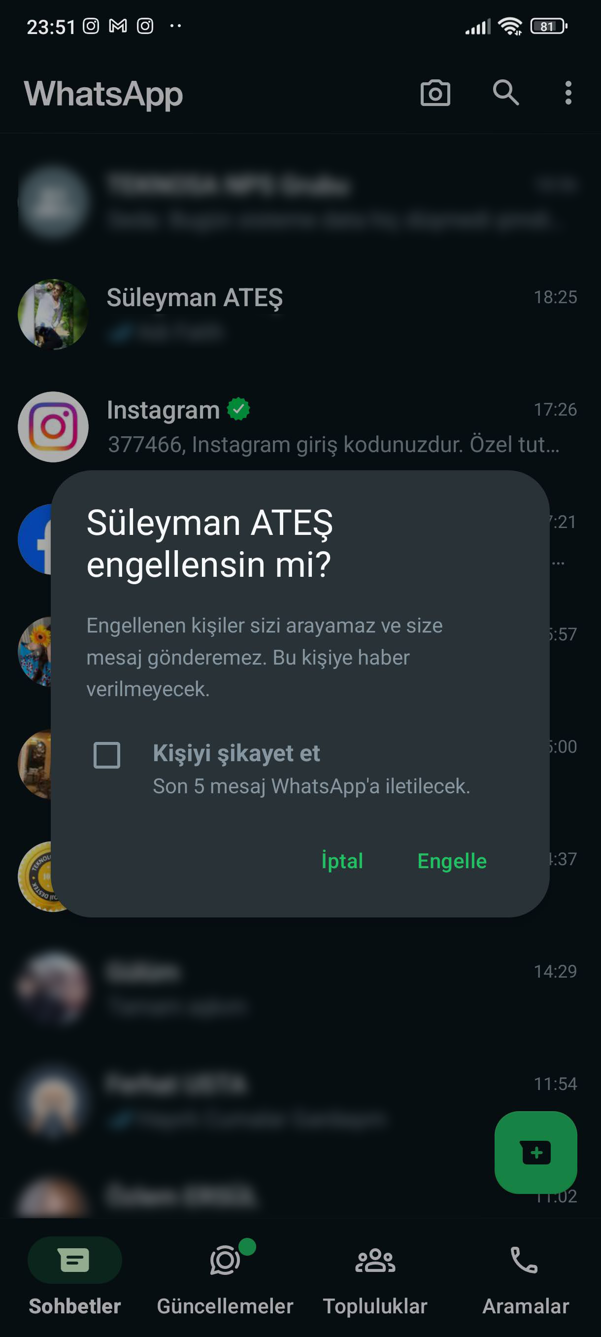 WhatsApp'ta Birini Engellemek