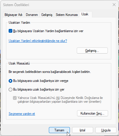 Windows 11 Uzak Masaüstü Devre Dışı Bırakma