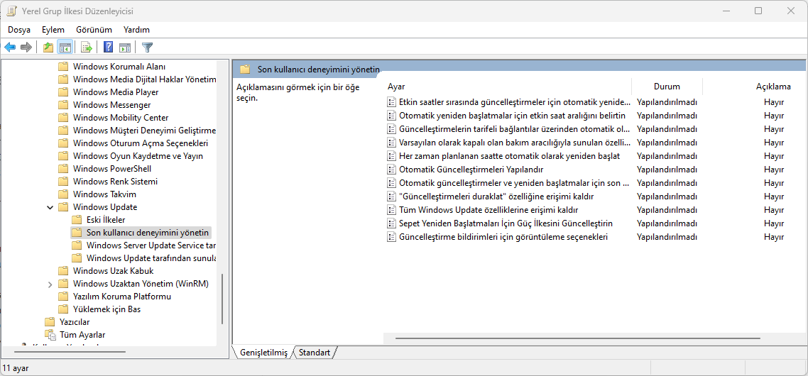 Windows 11'de Grup İlkesi'nden Otomatik Güncellemeleri Kapatma