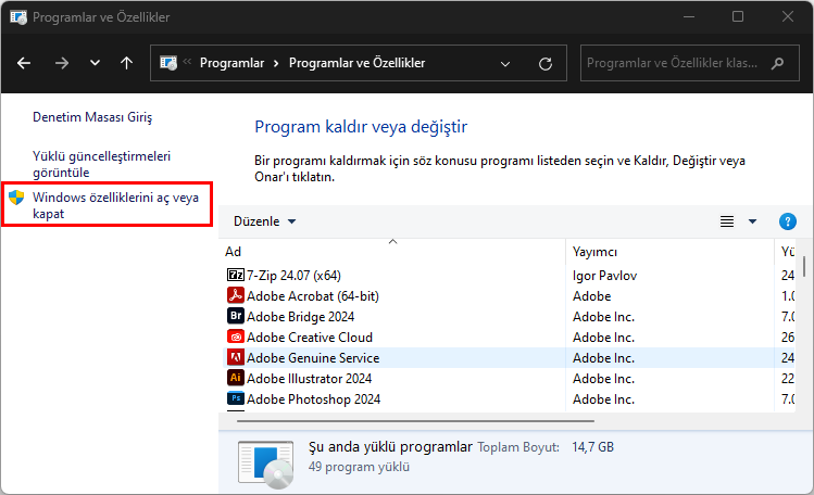 Windows 11 İsteğe Bağlı Özellikleri Yönetme