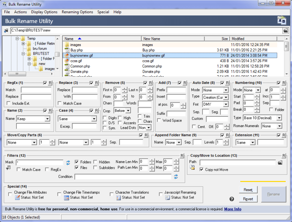 Bulk Rename Utility arayüzünün ekran görüntüsü, dosya isimlerinin değiştirilmesi için çeşitli seçenekleri gösteriyor.