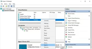 Hyper-V Yöneticisi'nde bir sanal makinenin dışa aktarıldığı ekran görüntüsü
