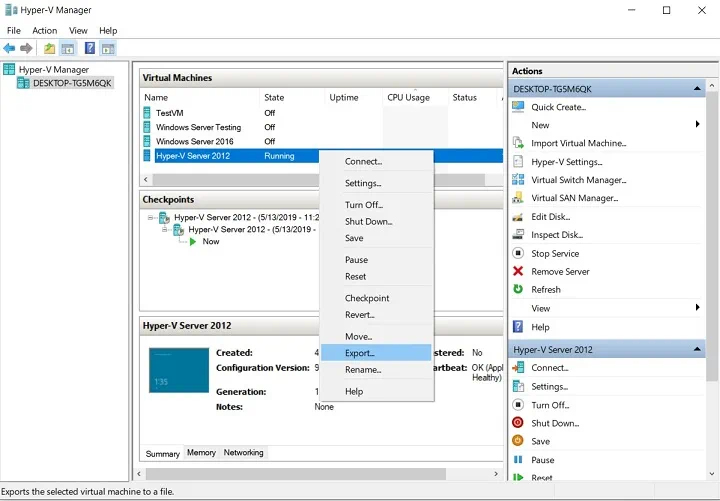 Hyper-V Yöneticisi'nde bir sanal makinenin dışa aktarıldığı ekran görüntüsü