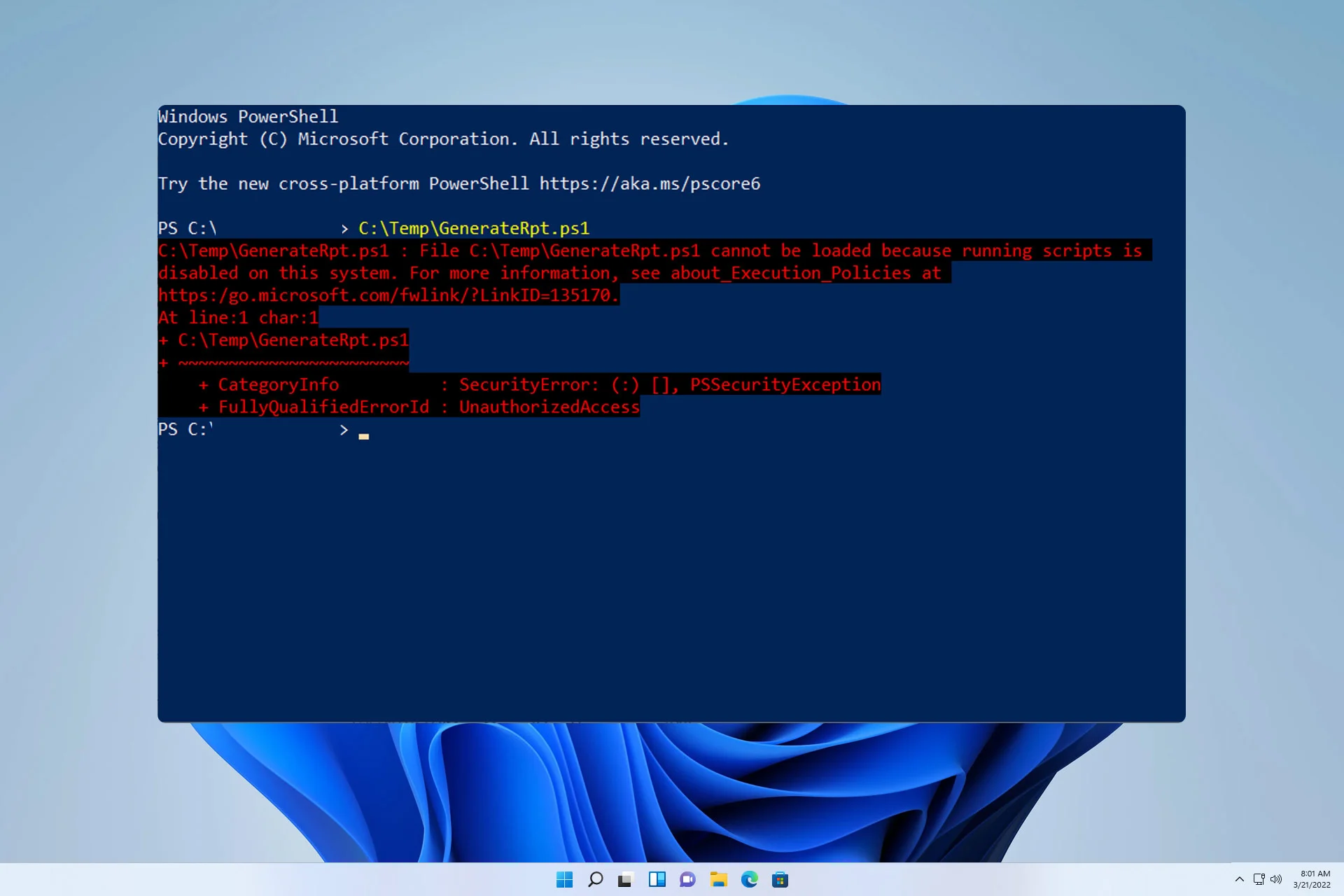 PowerShell Running Scripts is Disabled on This System Hatası PowerShell'de komut dosyası çalıştırma engelini kaldırmak için ExecutionPolicy ayarlarını değiştirme adımlarını gösteren ekran görüntüsü