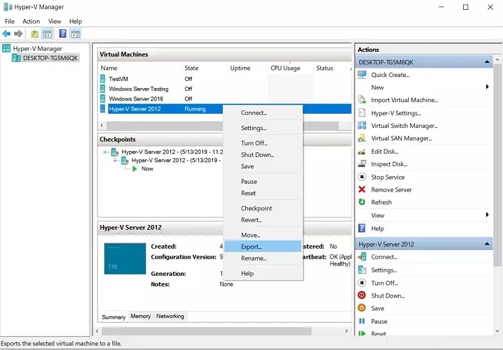 Hyper-V Yöneticisi'nde bir sanal makinenin dışa aktarıldığı ekran görüntüsü