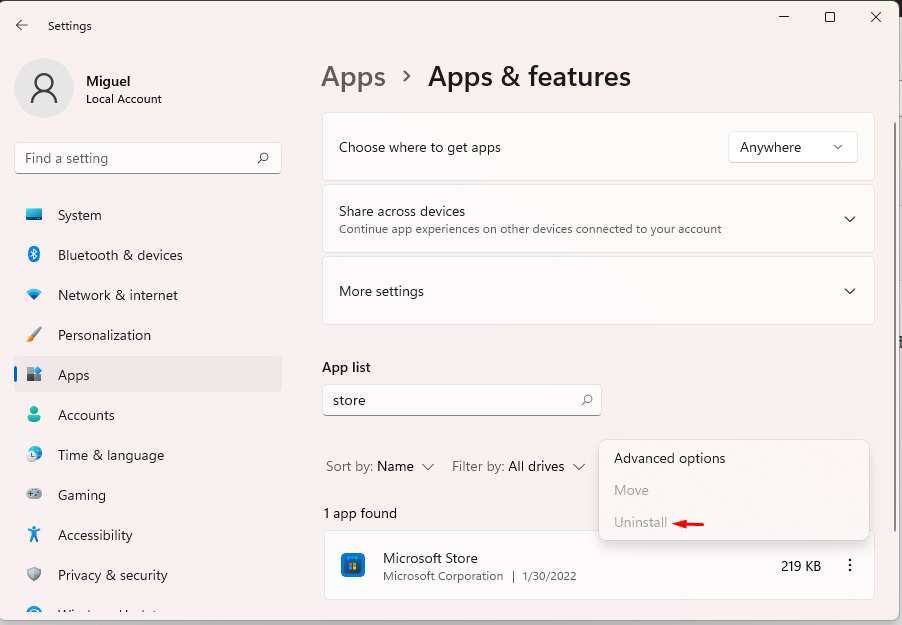 Microsoft Store Kaldırma (Devre Dışı Bırakma) Windows Ayarlar menüsünde Microsoft Store uygulamasının kaldırıldığı ekran görüntüsü