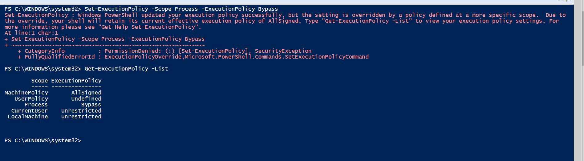 PowerShell’de Komut Dosyası Çalıştırma Engeli: Çözüm Yolları PowerShell'de "Running scripts is disabled on this system" (Bu sistemde komut dosyalarının çalıştırılması devre dışı) hata mesajını gösteren ekran görüntüsü