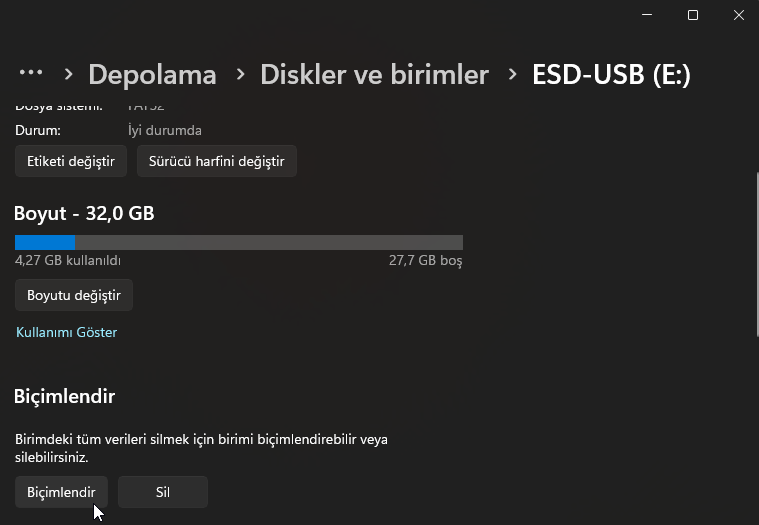 USB FAT32 Olarak Biçimlendirme Yönteml