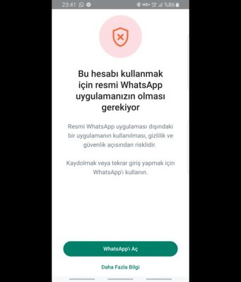 Resmi WhatsApp uygulamasının gerektiğine dair hata mesajını gösteren bir ekran görüntüsü.