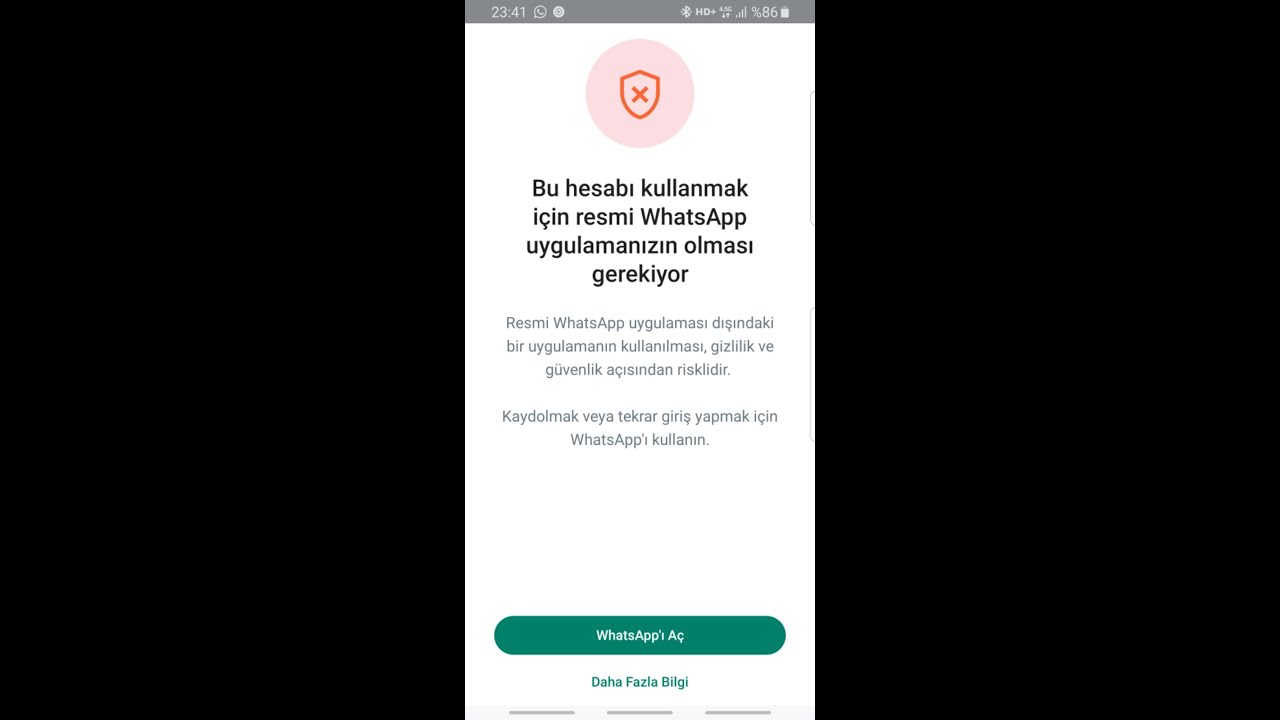 Resmi WhatsApp uygulamasının gerektiğine dair hata mesajını gösteren bir ekran görüntüsü.