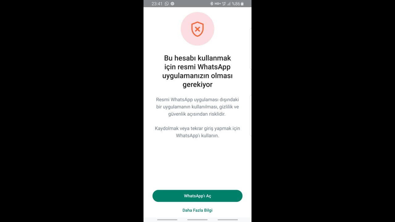 Resmi WhatsApp Uygulaması Gerekli Hatası Resmi WhatsApp uygulamasının gerektiğine dair hata mesajını gösteren bir ekran görüntüsü.