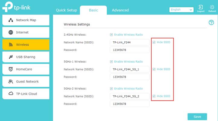 Kablosuz ağ adı (SSID) gizleme ayarlarını gösteren bir ekran görüntüsü.