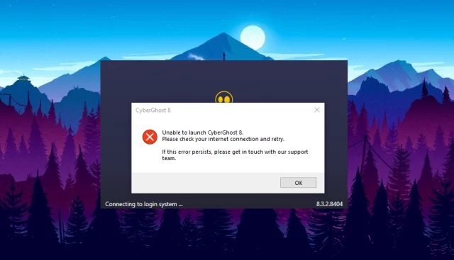 Cyberghost VPN bağlantı sorunları ekranı.