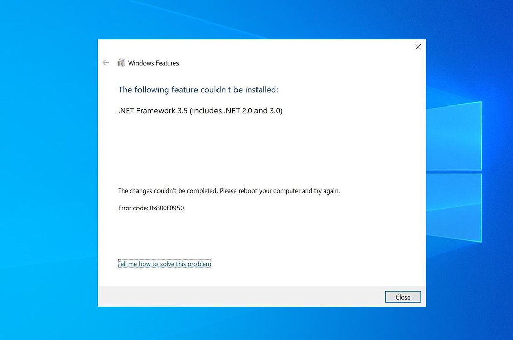 Windows 11'de 0x800F0950 hatasını gösteren bir hata mesajı ekranı.