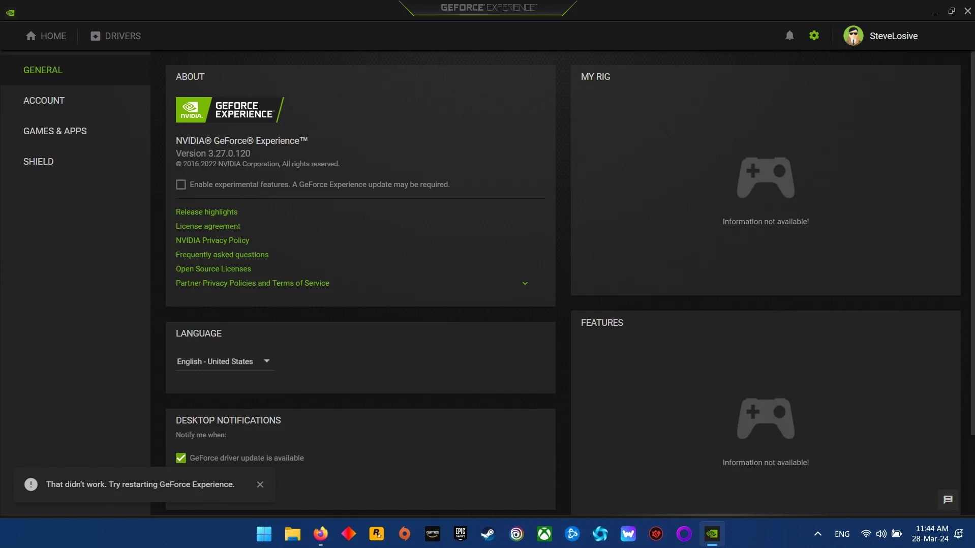 Nvidia GeForce Experience Yeniden Başlatma Sorunu