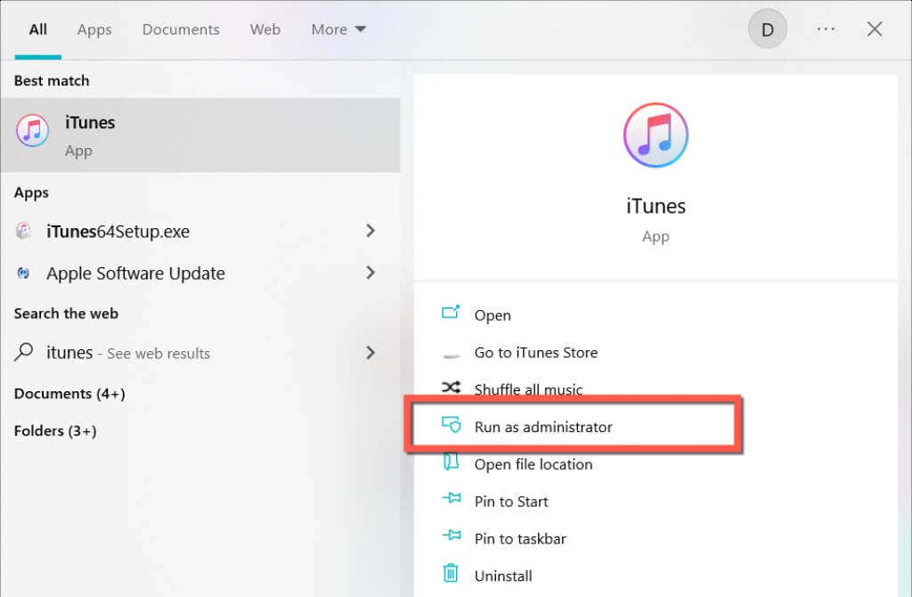 iTunes'un yönetici olarak çalıştırıldığına dair bir ekran görüntüsü.