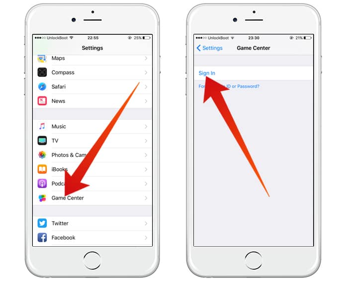 Game Center'a Gmail Bağlama Oyun içi bağlantı ayarlarını gösteren bir ekran görüntüsü.