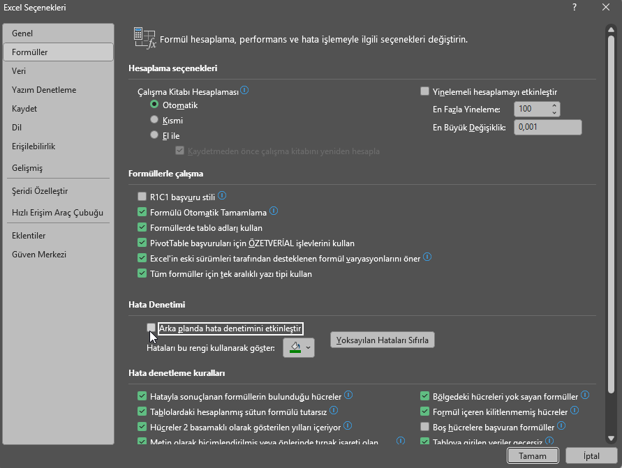 Excel Yeşil Üçgen Nasıl Kaldırılır