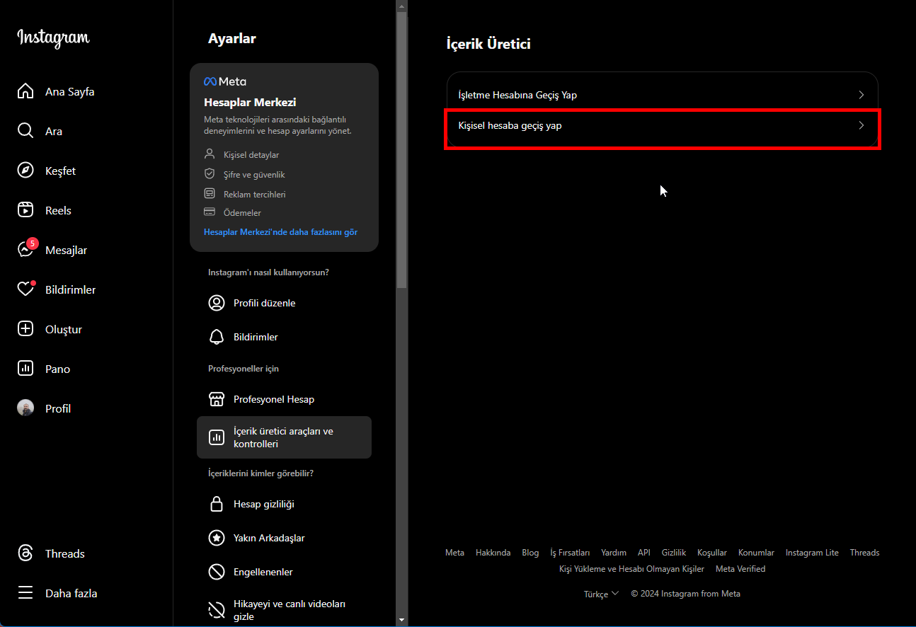 Instagram Kişisel Hesaba Geçme